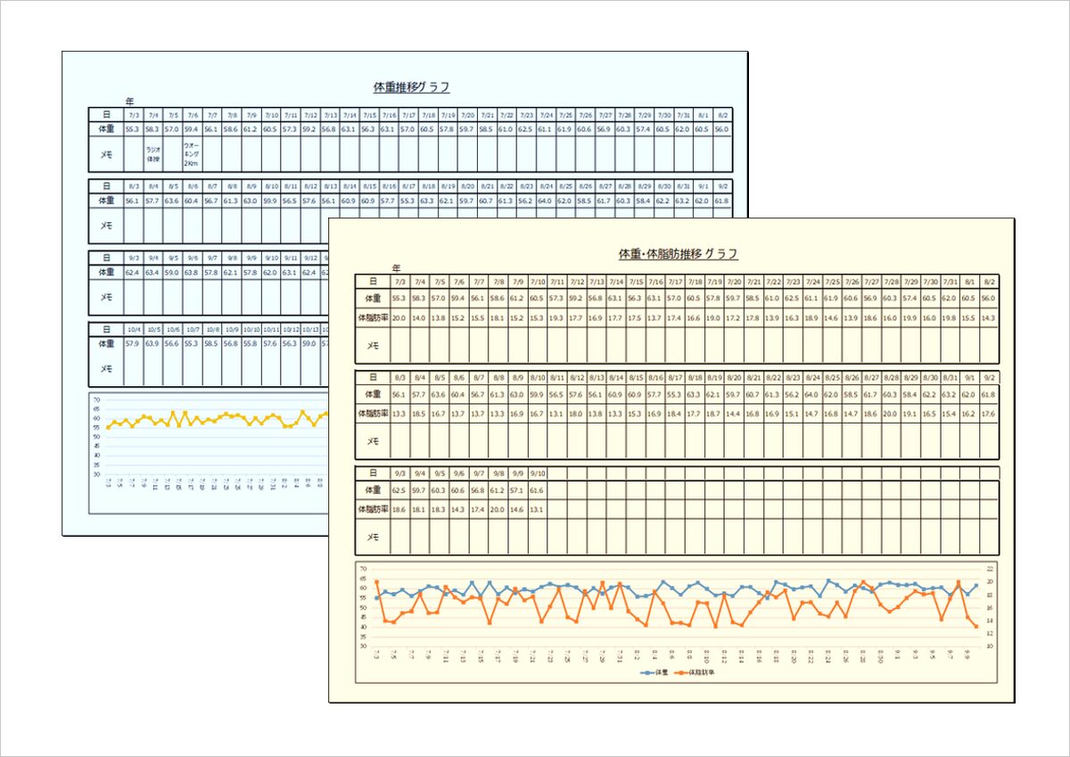 体重推移グラフと体重・体脂肪率推移グラフ