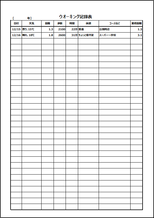 ウォーキング記録表のテンプレート
