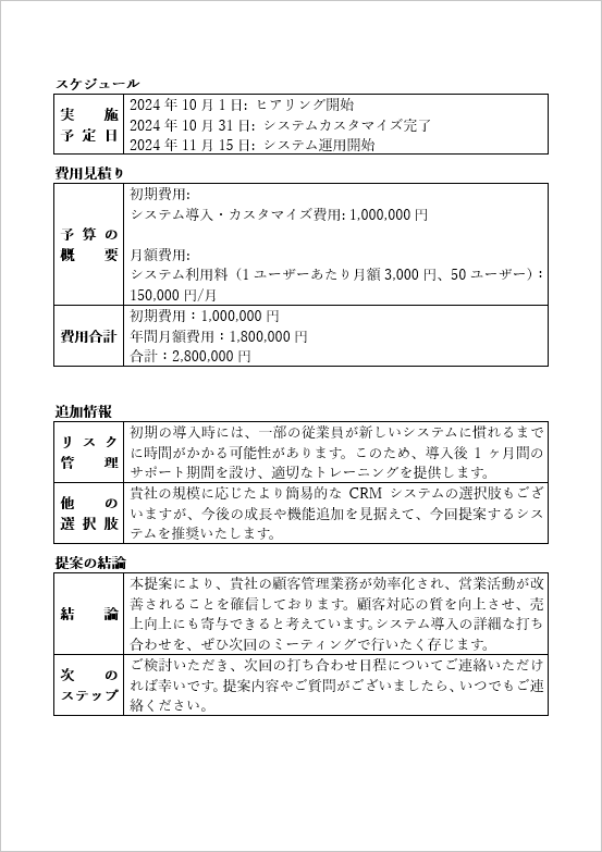 社外・社内で使用できる提案書の記入例・2ページ