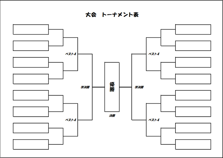 16チームの左右対称トーナメント表の無料テンプレート