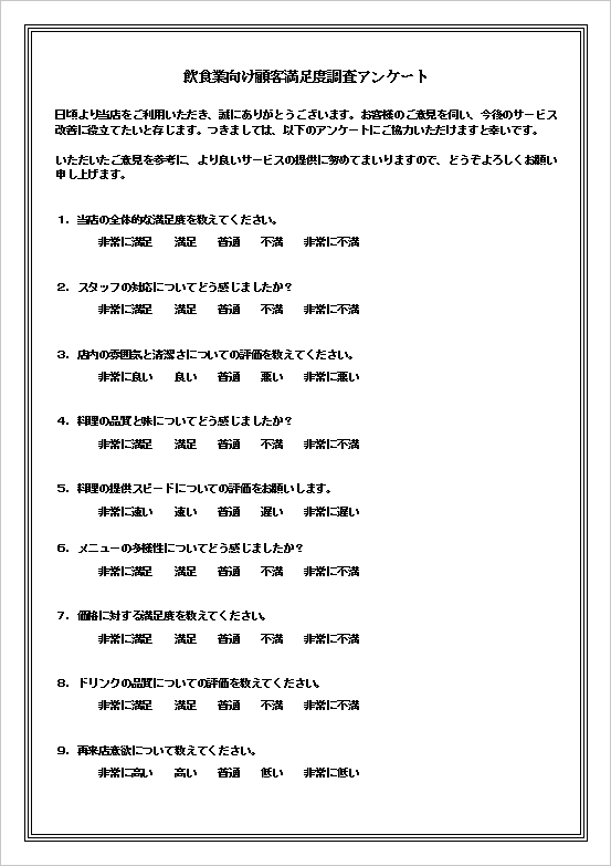 飲食店のための顧客満足度アンケートの1ページ目