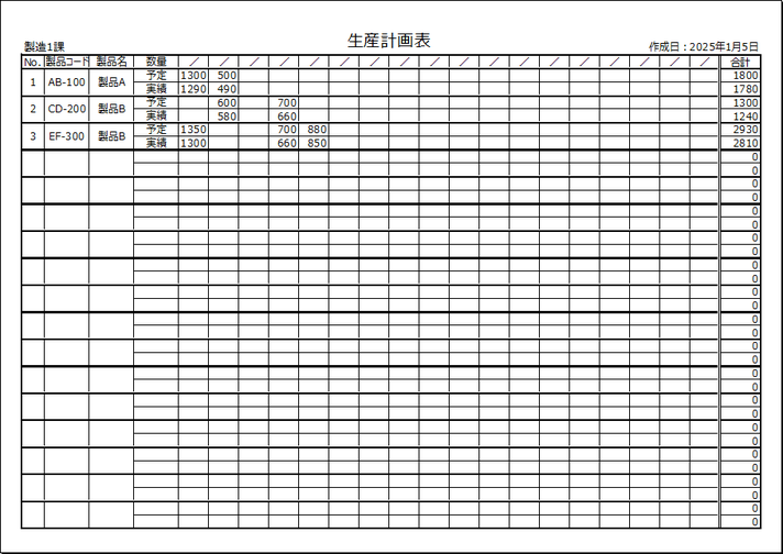 日付別計画表テンプレート