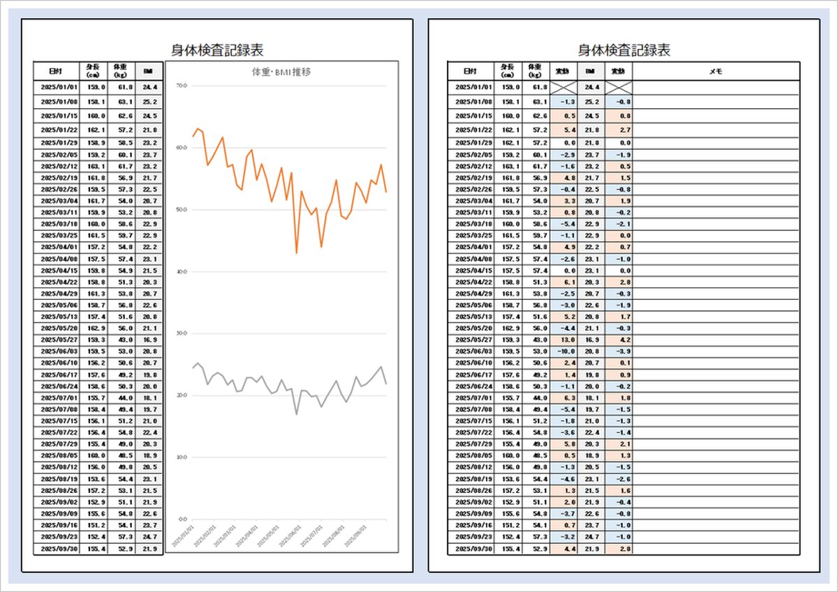 身体検査記録表のExcelテンプレート