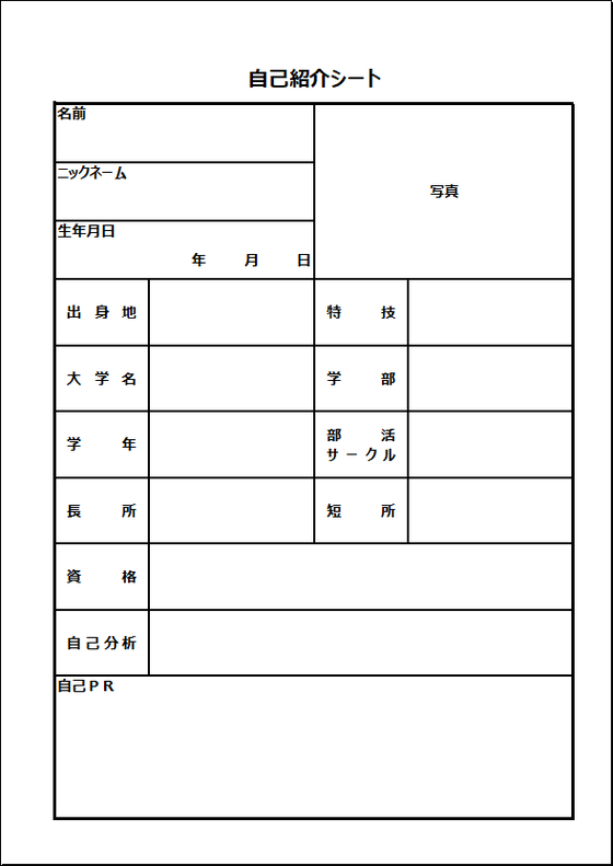 詳細なプロフィールを伝える本格的な自己紹介シート