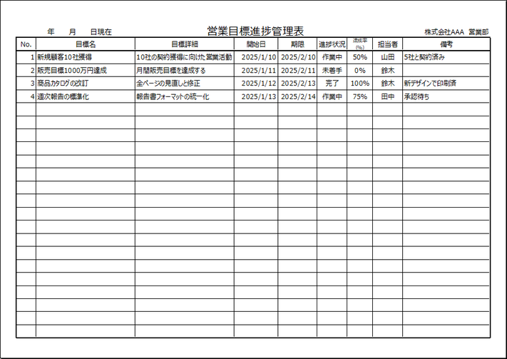 営業目標進捗管理表のテンプレート