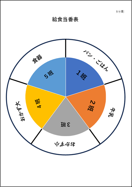 給食当番の記入例入り5分割の円当番表