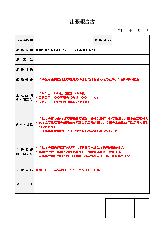訪問先・課題を明記する詳細記録型の出張報告書
