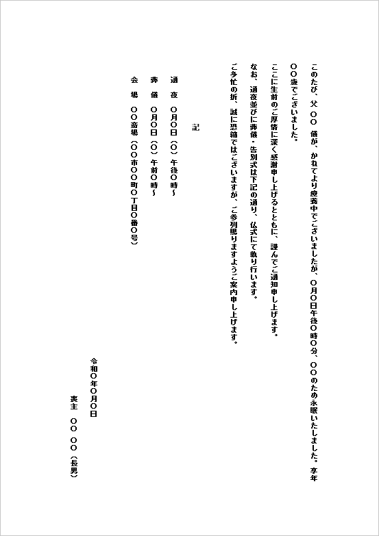 一般葬・紙文書の親族向け訃報(死亡通知)テンプレート