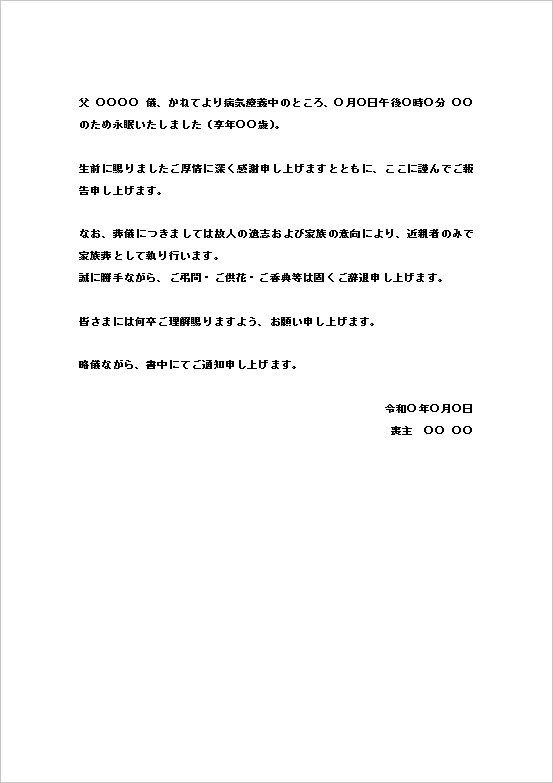 家族葬・ご弔問辞退パターンの訃報(死亡通知)テンプレート