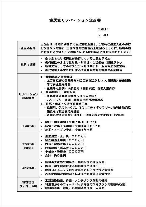 古民家リノベーション企画書（表形式）のテンプレート：1ページ