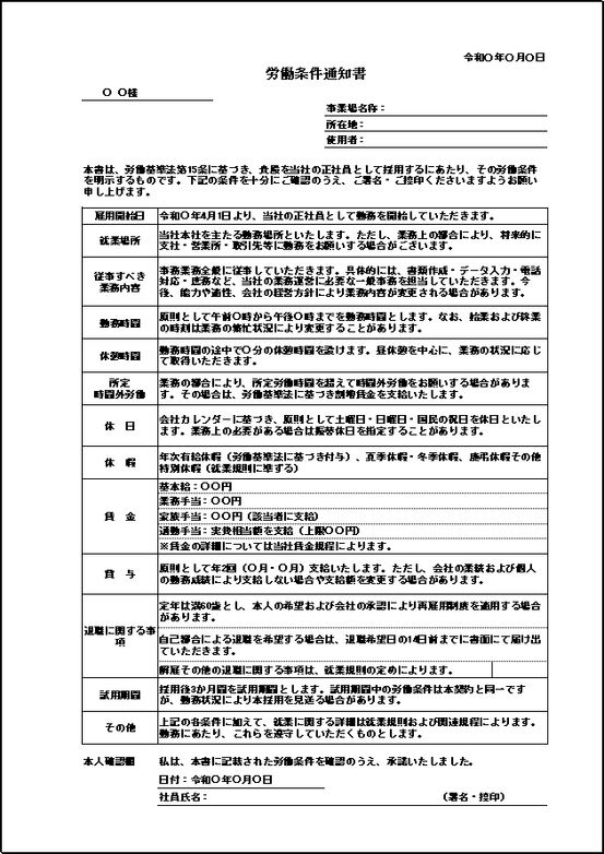 労務コンプライアンスを重視した労働条件通知書テンプレート