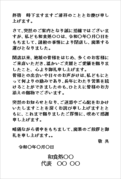 廃業の挨拶文 テンプレート4:はがき・横書き(飲食店向け)