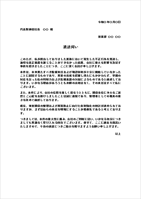 不正行為の見逃しに関する進退伺いテンプレートのWord文書例（監督責任の反省）