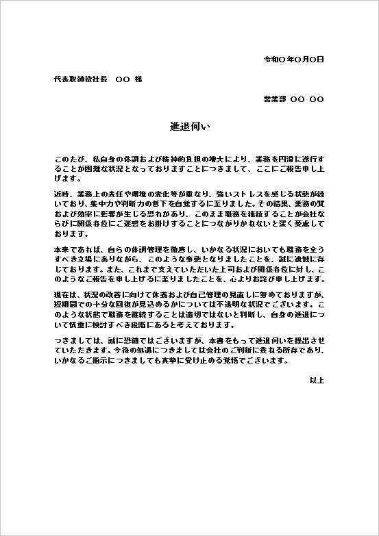 ストレスや体調不良による業務困難に関する進退伺いテンプレートの例