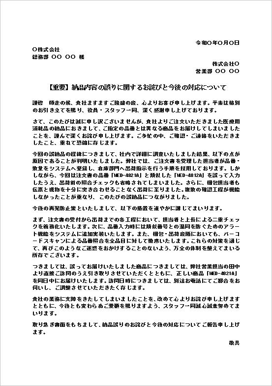 医療用消耗品の納品間違いについて原因説明と再発防止策を報告するお詫び状テンプレート。