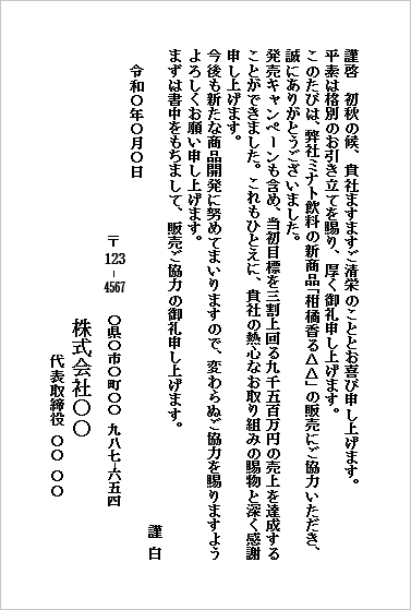 販売協力のお礼状（新商品キャンペーン・はがき形式）のWordテンプレートキャプチャー