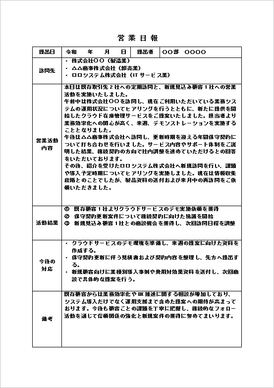 営業日報のWordテンプレートを表示したキャプチャー画像