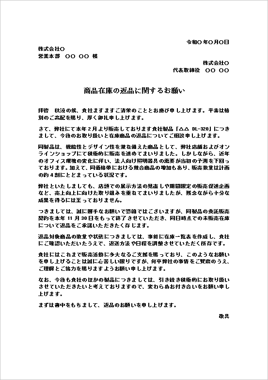 商品在庫の返品に関するお願いのWordテンプレート画像。照明器具の販売不振による委託販売契約の終了と在庫返品を依頼する文例